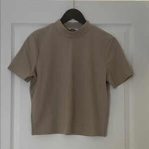 Ardene Beige Mock Neck Ribbed T-Shirt, Size Large